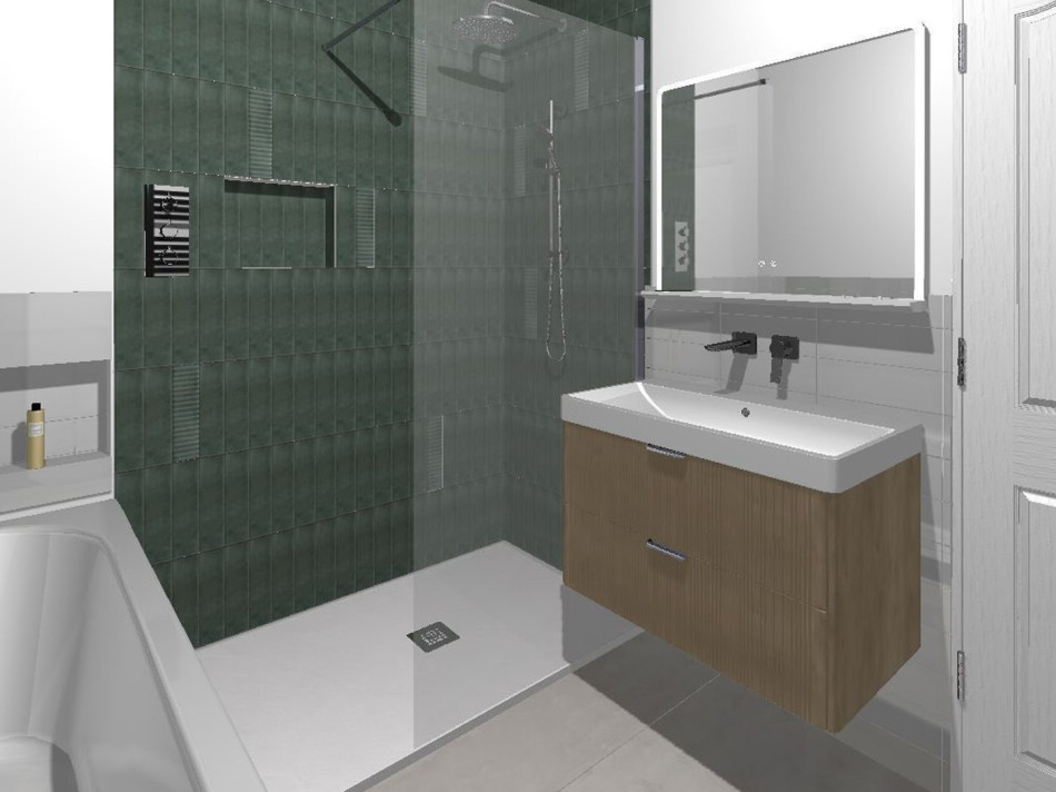 CGI of a modern bathroom featuring a sleek shower and a contemporary basin.